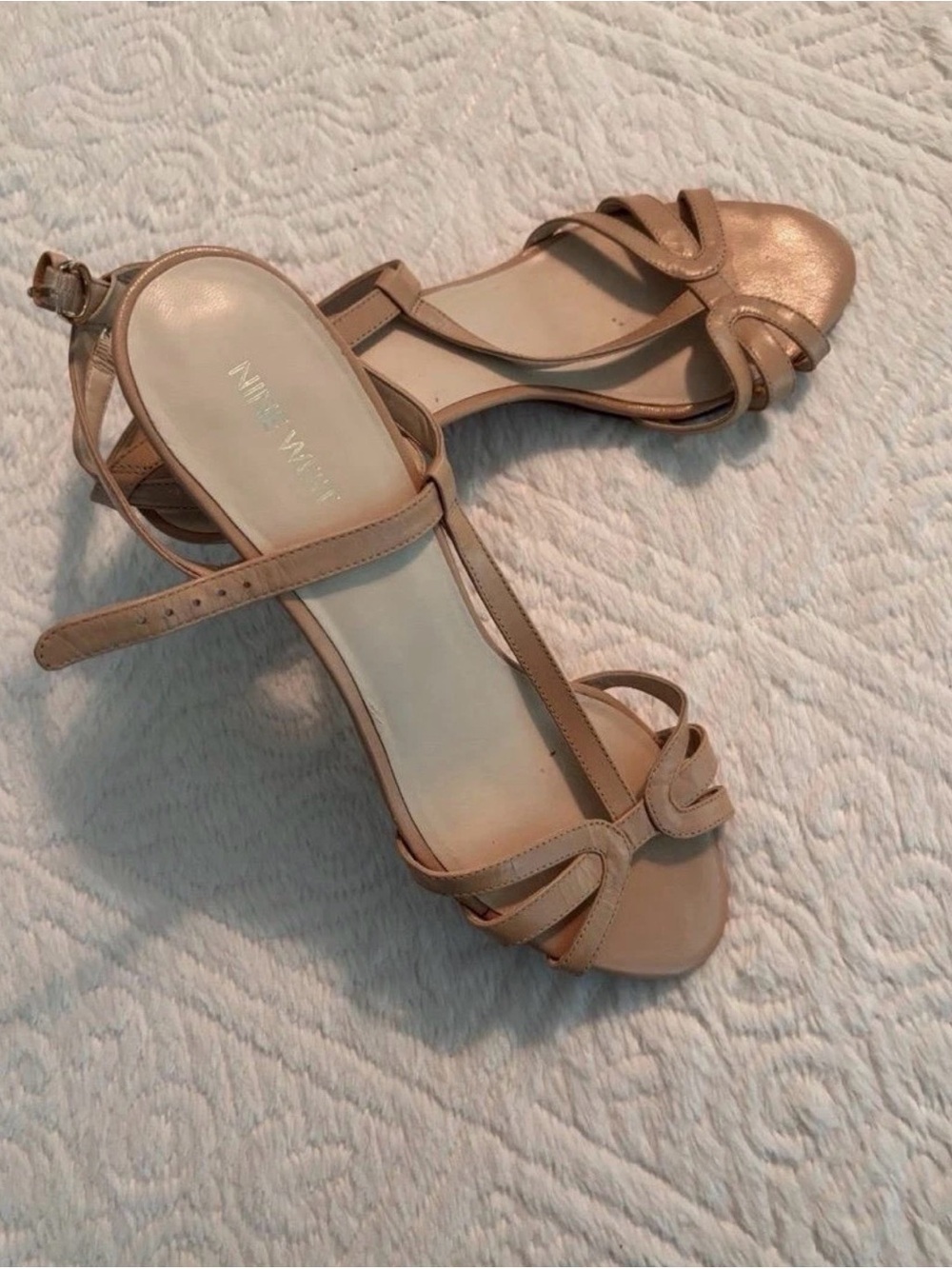 Nine West Sandals Leather Kitten Heels 10M Tan Open Toe Ankle Strap Classic Chic